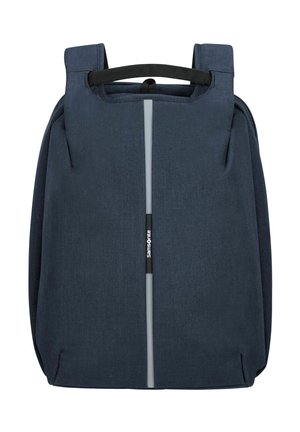 Sac à dos Samsonite bleu foncé avec une bande réfléchissante verticale et une poignée de transport supérieure, présenté de face sur un fond blanc.