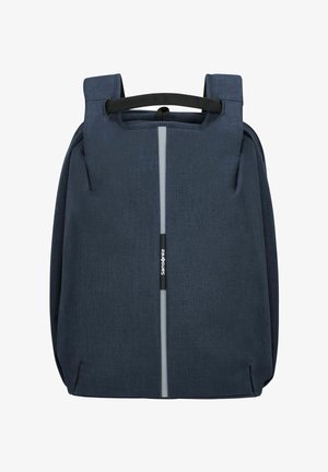 Sac à dos Samsonite bleu foncé avec une bande réfléchissante verticale et une poignée de transport supérieure, présenté de face sur un fond blanc.