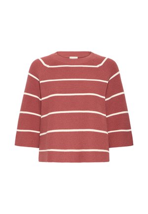 Rozsda színű kötött pulóver széles, vízszintes fehér csíkokkal, háromnegyedes ujjakkal és kerek nyakkivágással.