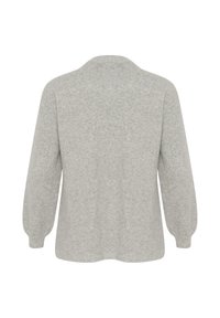 Light gray oversized sweater with long sleeves, a round neckline, soft texture, and a slightly curved hem at the back.
