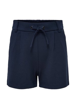 Mørkeblå shorts med snor i livet, med sidelæg og en glat stoffløsning. Enkel design, knælang skæring.