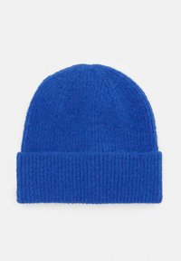 Berretto lavorato a maglia blu con texture a costine, dotato di risvolto per un adattamento regolabile e comfort. Realizzato in materiale morbido e caldo.
