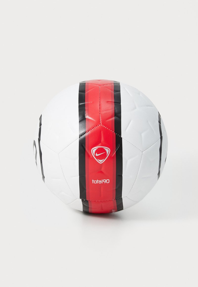 White soccer ball with red and black stripes, featuring a textured surface and black accents. Displays "total90" logo prominently.