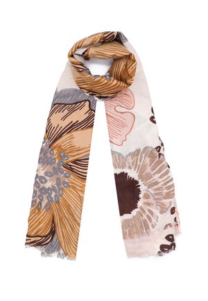 Sciarpa leggera con ampi motivi floreali astratti in tonalità beige, marrone, grigio e rosa tenue, acquisita in modo lasco con bordi sfilacciati.