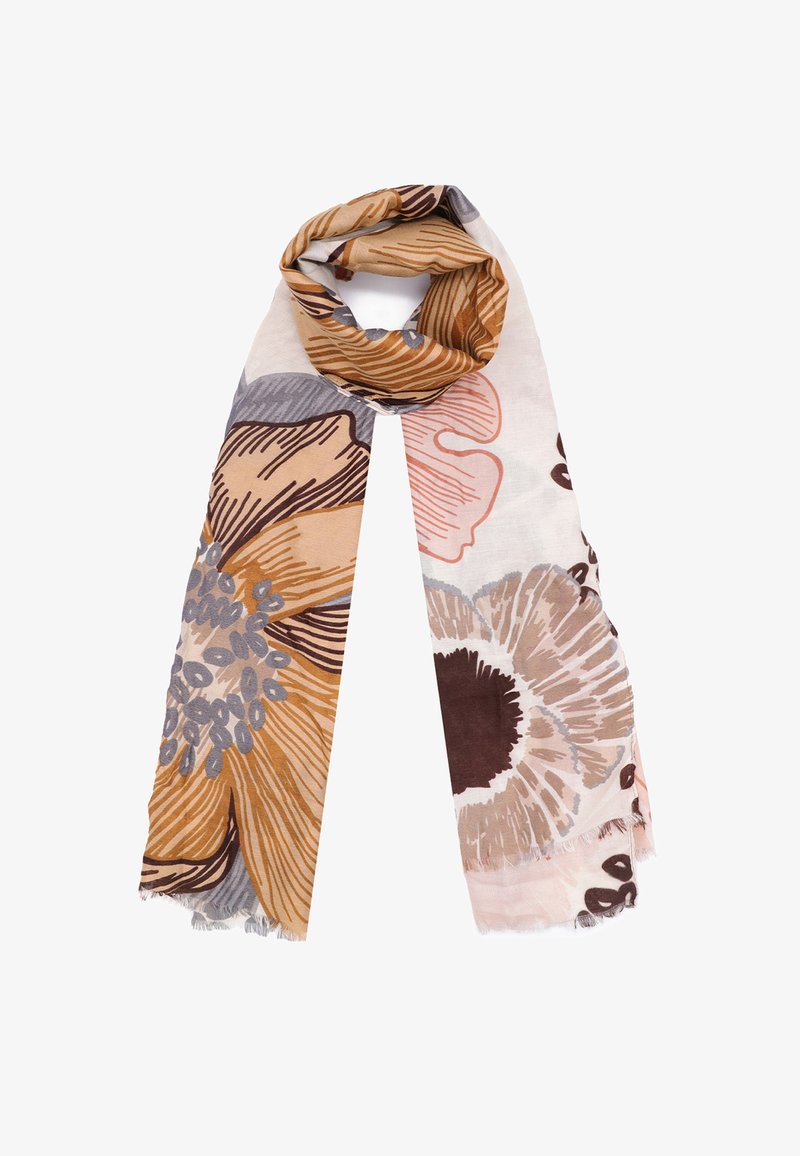 Sciarpa leggera con ampi motivi floreali astratti in tonalità beige, marrone, grigio e rosa tenue, acquisita in modo lasco con bordi sfilacciati.