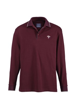 Burgunderrotes Langarm-Polo-Shirt mit weißen Kragenakzenten, einer Zwei-Knopf-Leiste und gesticktem Logo auf der Brust. Aus weichem Baumwollmaterial.
