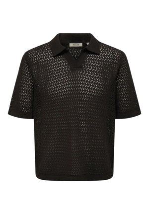Polo nera a maniche corte in maglia con motivo a zigzag a trama aperta e colletto, polsini e orlo a tinta unita.