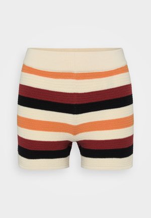 Knit shorts featuring horizontal stripes in cream, orange, red, black, and burgundy, with a soft texture and a fitted waistband.