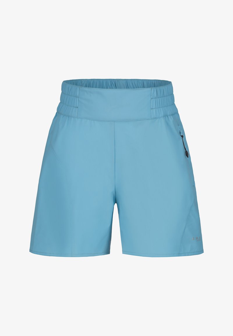 Ljusblå atletiska shorts med elastisk midja, som har en sidoficka med dragkedja och ett mjukt, lätt tyg.