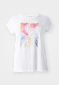 White short-sleeve t-shirt featuring a colorful abstract design with pink, blue, and gold accents. Soft texture, casual fit.