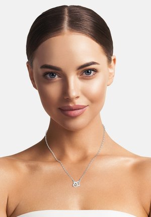 Collana in argento con un design intrecciato classico, che mette in risalto una finitura lucida. Il modello ha la pelle liscia e uno sfondo neutro.