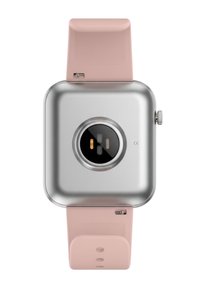 Montre intelligente avec un boîtier rectangulaire en argent et un bracelet en silicone rose, affichant un capteur de fréquence cardiaque et un bouton sur le côté à l'arrière.