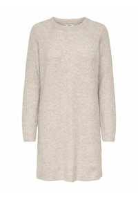Hellbeige, gestricktes Kleid mit einem strukturierten, diagonalen Muster, langen Ärmeln und einem Rundhalsausschnitt, das über den Knien endet.