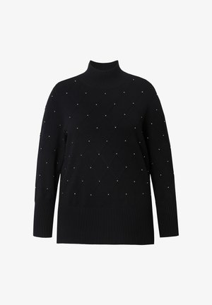 Sort rullekravesweater med diamantmønster, prydet med små sølvnitter, med ribbede manchetter og nederkant for ekstra struktur.