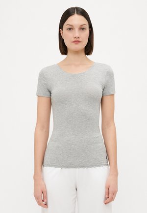 Light grey short-sleeved t-shirt with a round neckline, made of soft fabric. Features a slim fit and subtle texture, with a logo on the side hem.