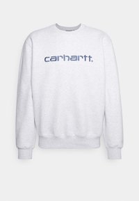 Felpa grigia chiara realizzata in cotone misto. Presenta un collo a giro, polsini a coste e un logo blu navy a contrasto sulla parte frontale.