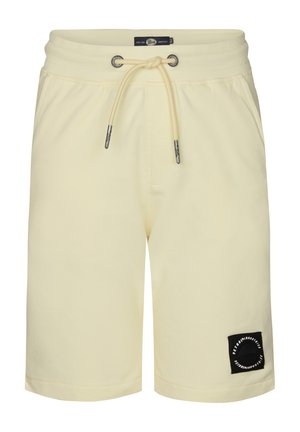 Helle gelbe Shorts aus weichem Stoff, mit einem elastischen Bund und Kordelzug sowie einem schwarzen Logo-Patch am linken Bein.