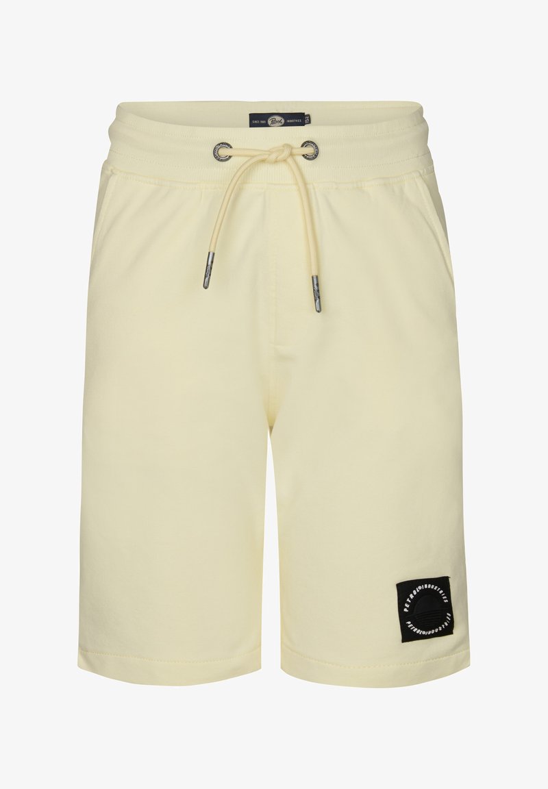 Lichtgele shorts van zacht materiaal, met een elastische tailleband en trekkoord, en een zwart logo-patch op het linkerseizoen.