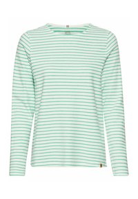 Langarmshirt in lichtgroen met witte strepen, gemaakt van zacht materiaal, met een ronde hals en een klein logo detail aan de onderkant.