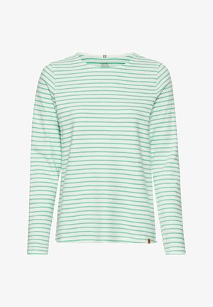 Chemise à manches longues rayée vert clair et blanche, fabriquée en matériau doux, avec un col rond et un petit logo en bas.