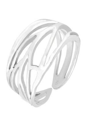 Silver ring with an open design featuring intertwining, elevated bands. Smooth texture with a polished finish and visible hallmark.