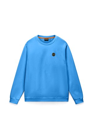 Helehall sinine ümara kaelusega pusa, millel on pikad varrukad ja vasakul rinnal väike must-kuldne ümmargune logo.