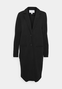 Czarny długi żakiet wykonany z gładkiej tkaniny. Posiada klapowy kołnierz, zapięcie na jeden guzik oraz dwie przednie kieszenie. Dopasowany fason.