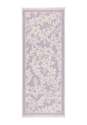 Tessuto rettangolare color lavanda con motivi floreali e fogliari bianchi e sottili contorni di foglie cuciti, con bordi frangiati.