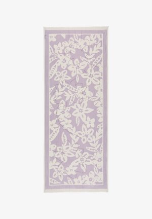 Rechthoekige lavendelkleurige textiel met witte bloem- en bladmotieven en subtiele gestikte bladcontouren, voorzien van franjes aan de randen.