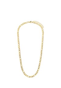 Gouden ketting met elkaar overlappende ovale schakels met een gladde textuur en een verstelbare haaksluiting, die een glanzende metallic afwerking laat zien.