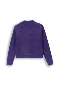 Fioletowy sweter wykonany na drutach z teksturowanym wzorem, długimi rękawami i okrągłym dekoltem, o skróconym kroju.
