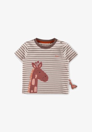 Beiges Kurzarm-Kleinkindshirt mit braunen Streifen, braunem Kragenabschluss und großem pinkfarbenem Giraffenmotiv auf der Vorderseite sowie einem kleinen Giraffen-Spielzeug daran.