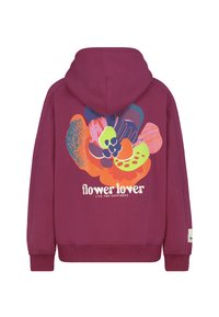 Bordeaux hoodie met een kleurrijke bloemenafbeelding op de achterkant, met de tekst "flower lover" en "live for happiness" in het wit.