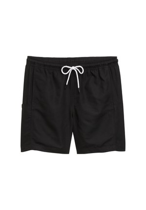 Schwarze Badeshorts mit einem elastischen Bund, weißem Kordelzug und zwei Seitentaschen. Glattes Material mit lockerem Schnitt.
