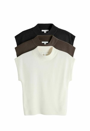 Három ujjatlan kötött pulóver egymásra helyezve, fehér, barna és fekete színű álló nyakkal, fehér háttéren.