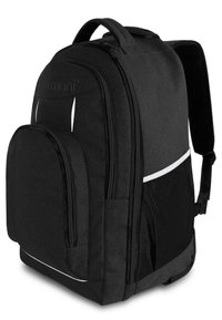 Schwarzer Rucksack mit grauen Akzenten, mehreren Reißverschlussfächern, seitlicher Netztasche und gepolsterten Schultergurten. Weiße reflektierende Streifen inklusive.