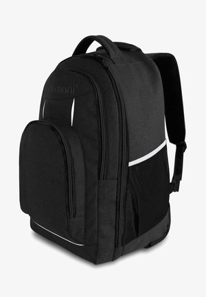 Black backpack with gray accents, multiple zippered compartments, mesh side pocket, and padded shoulder straps. White reflective strip included.