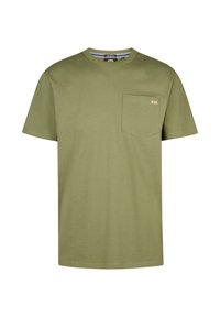 Olive green cotton t-shirt with short sleeves, crew neck, and a chest pocket featuring a small label. Smooth, unpatterned texture.