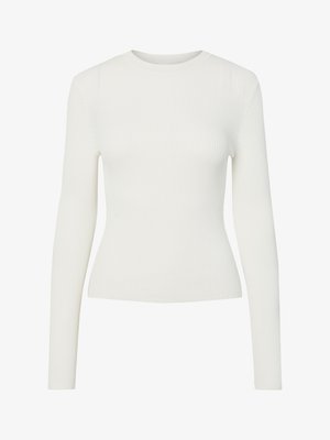 Biała, długosleeve'owa, prążkowana bluzka z okrągłym dekoltem, dopasowanym krojem i gładką fakturą. Minimalistyczny design, bez widocznych wzorów czy ozdób.