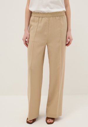 Pantalones de pierna ancha color beige con cintura elástica, combinados con una camiseta blanca y sandalias marrones de tacón cuadrado y punta abierta.