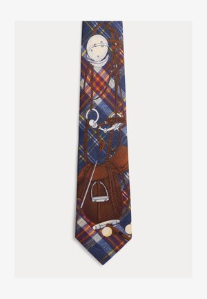 Laivastonsininen ruudullinen solmio, jossa on yksityiskohtaiset kuvitukset ratsastusvarusteista, mukaan lukien kypärä, suitset, satula, jalustin, ratsastuskampanja ja polomailat palloineen.