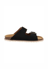 Sort corduroy slide sandal med en korkfodersål, beige spættet sål og udskæringsdesign. Har en justerbar rem med en metalspænde.