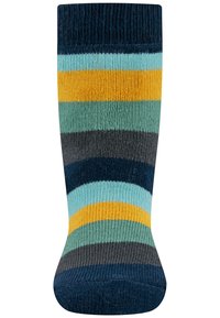 Wielokolorowe skarpetki do kolan z na przemian ułożonymi paskami w kolorze granatowym, turkusowym, żółtym i szarym. Miękka, teksturowana dzianina. Okrągły kształt palców.