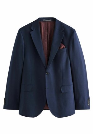 Tengerészkék zakó, textúrált anyagból készült, egy gombos záródással, hegyes fodrokkal, két elülső zsebbel és bordó mintás béléssel.