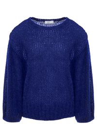 Pull bleu tricoté avec manches raglan, tissage lâche et encolure ronde. Texture douce, avec une coupe décontractée et un ourlet côtelé.