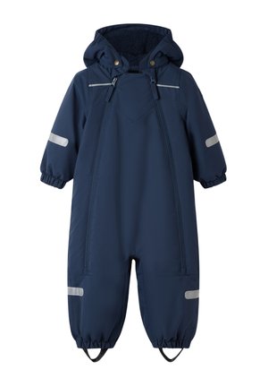 Mørkeblå, vandtæt flyverdragt til småbørn med hætte, reflekterende striber på arme og ben, elastiske manchetter og dobbelte lynlåse foran.