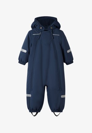 Marineblauw waterdicht peuterskipak met capuchon, reflecterende strepen op armen en benen, elastische manchetten en dubbele ritssluitingen aan de voorkant.