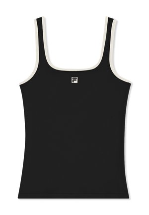 Zwart tanktop met witte bies op de bandjes en de halslijn, met een klein, gecentreerd FILA-logo op de borst.