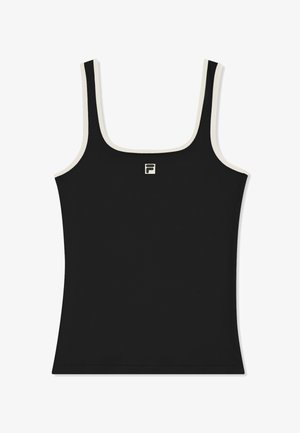Schwarzes Tanktop mit weißem Besatz an den Trägern und am Ausschnitt, mit kleinem, mittig platziertem FILA-Logo auf der Brust.