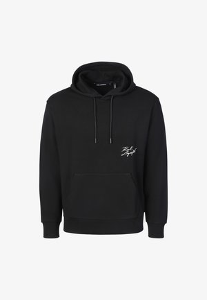 Musta hupullinen collegepaita etutaskulla, kiristysnauhoilla ja pienellä valkoisella "Karl Lagerfeld"-logolla vasemmassa rinnassa.